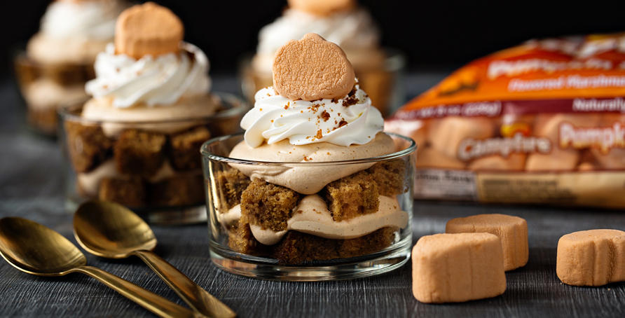 individual pumpkin trifles with pumpkin shaped marshmallows