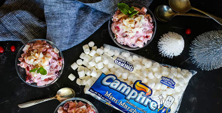 cranberry millionaire salad with Campfire mini marshmallows, spoons and tea towel